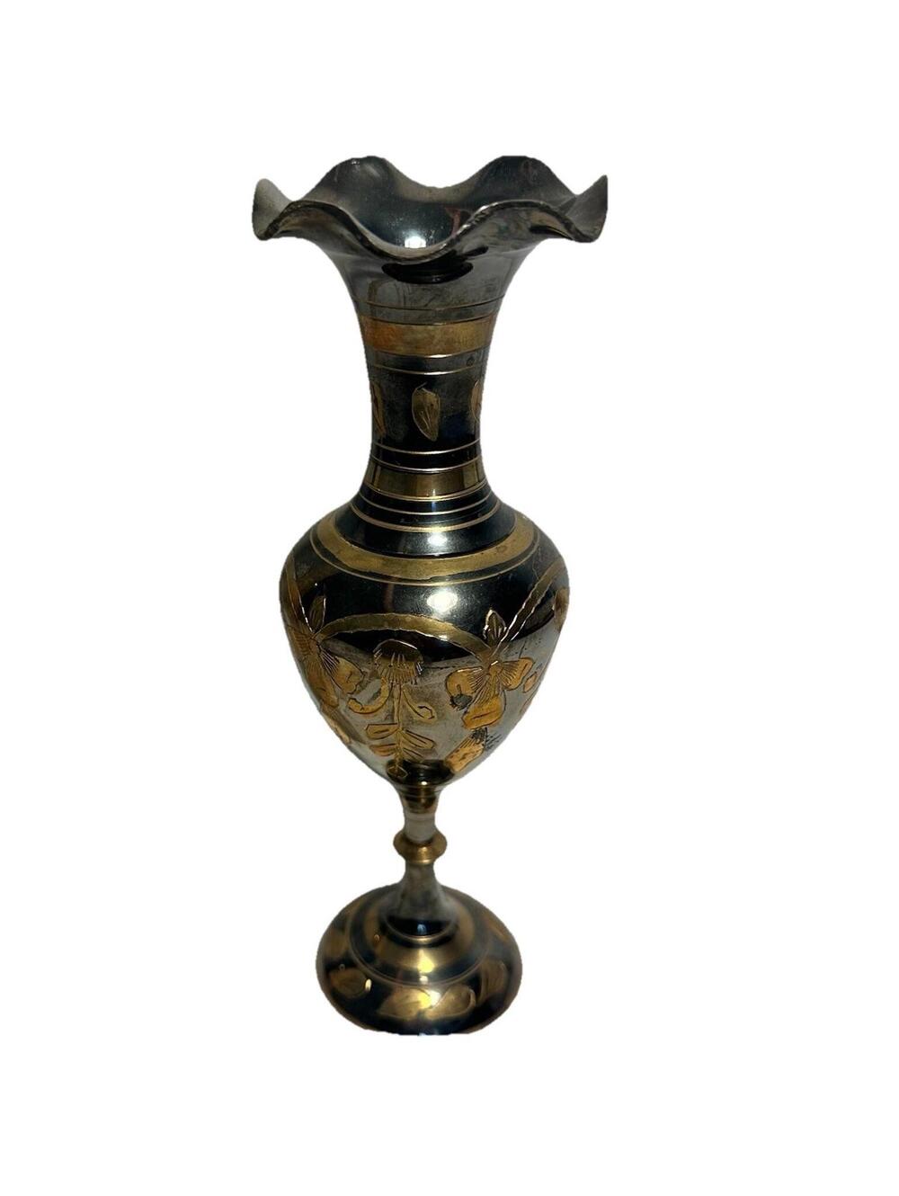 VINTAGE BLACK & GOLD HAND CRAFTED FLORAL ETCHED SOLID BRASS VASE MADE IN INDIA
